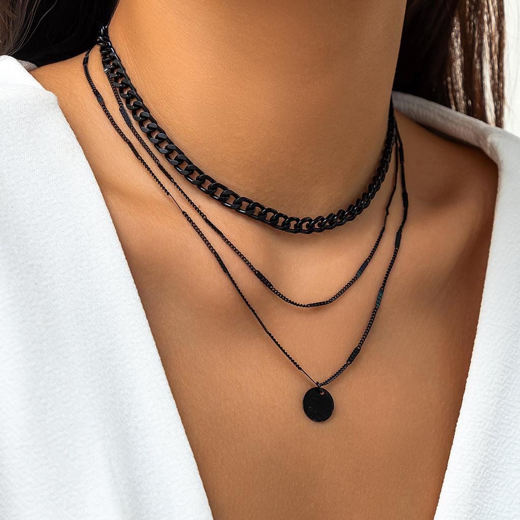 Thin chain multi-layer necklace set female, simple imitation pearl geometric disc, sweet and cold style item