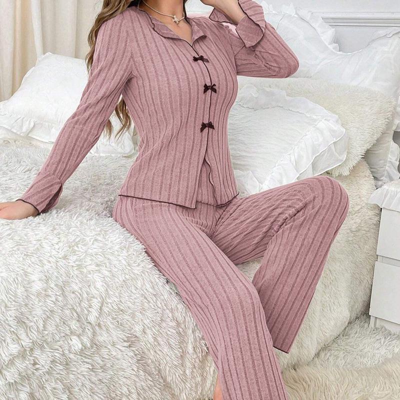 Damen Revers Schleife Langarm Oberteil und Hose Pyjama Anzüge Loungewear Sets