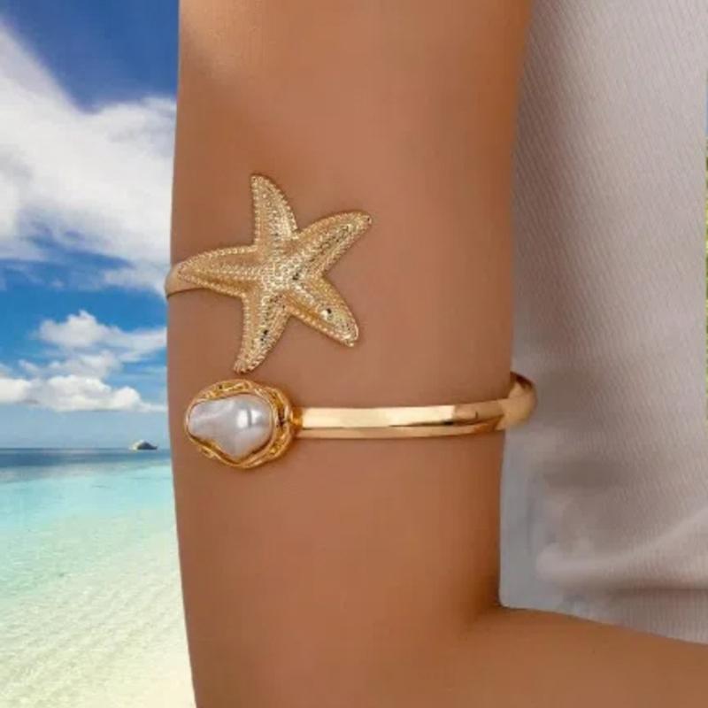Adjustable Bracelet Starfish Pearls Bangle For Women Elegant Upper Arm Wristband Jewelry Piece Lightweight Alloy Design