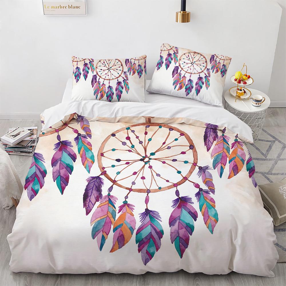 Dream Catcher Duvet Cover Set Colourful Feather Red Flower Romantic Theme Comforter Cover King Full Size for Kid with Pillowcase