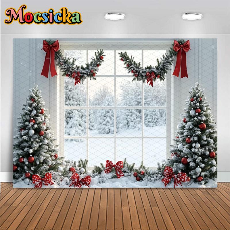 Mocsicka Christmas Photography Background Family Festival Party Backdrops Home Xmas Tree Winter Snow Window Pattern Decor Banner