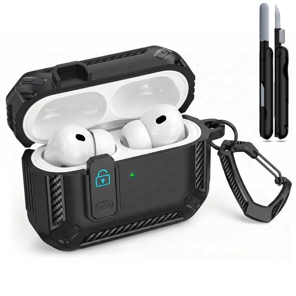 2026 for AirPods Pro 3 Case with Cleaning Kit Carbon Fiber Military Drop Proof Auto Pop up Case with Carabiner For AirPods Pro 3