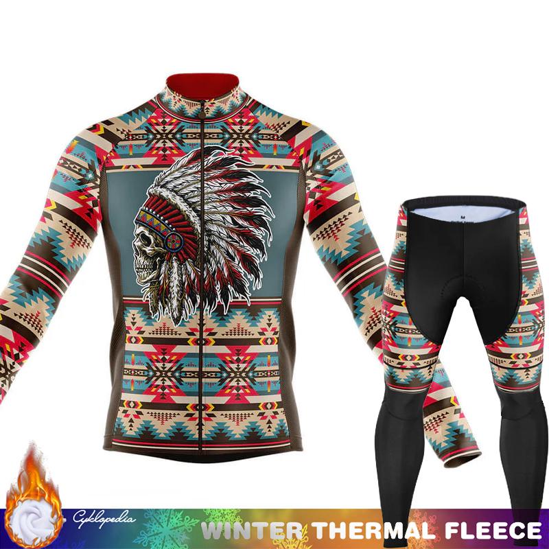 Men's Cycling Pants Fleece Jersey Skull Sets Long Sleeve Thermal Shirt Mens Clothes Clothing Winter Man Outfit Suit Termal Retro