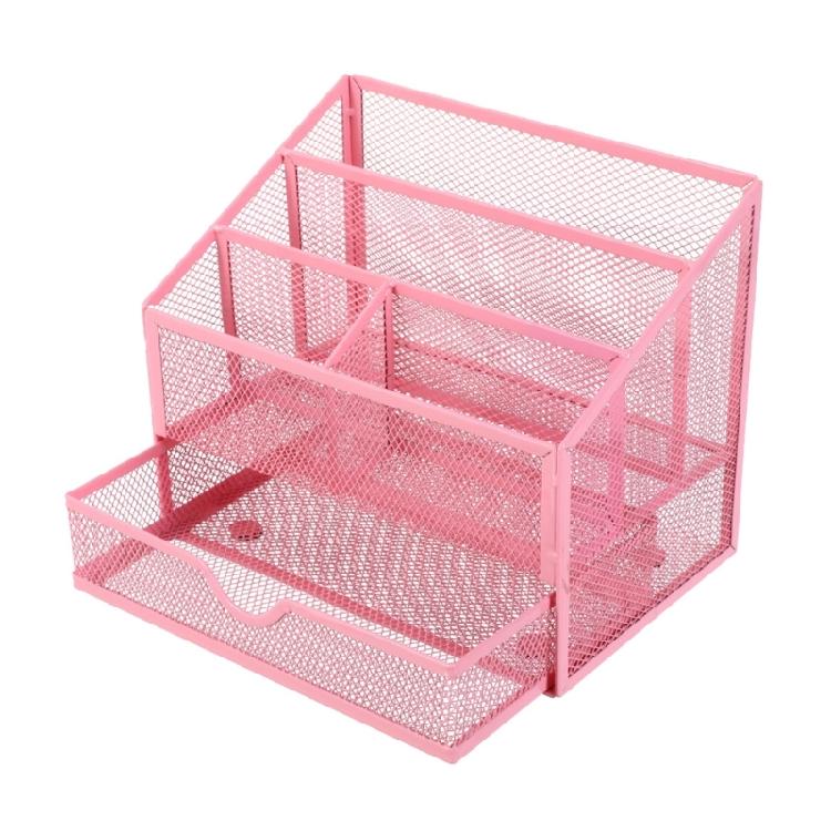 Desktop Metal Pen Organiser with Drawer 5 Compartments Desk Storage Tray Large Capacity Pen Container For Office School