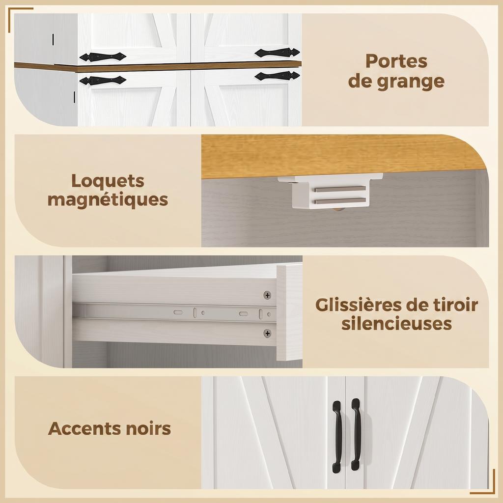 Kitchen Sideboard, High, 4 Doors, 3 Drawers, 8 Adjustable Racks, 76 x 40 x 182 cm, White