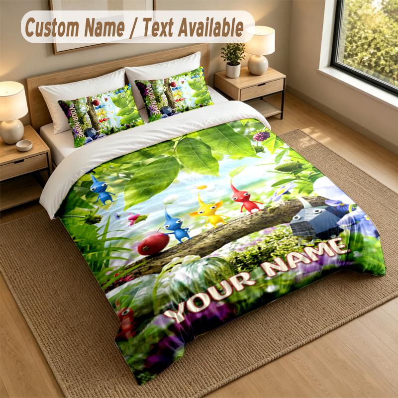 3Pcs Bedding Set Custom Name Text, 1 Sheet 2 Pillowcases Home Bed DecorPikmin