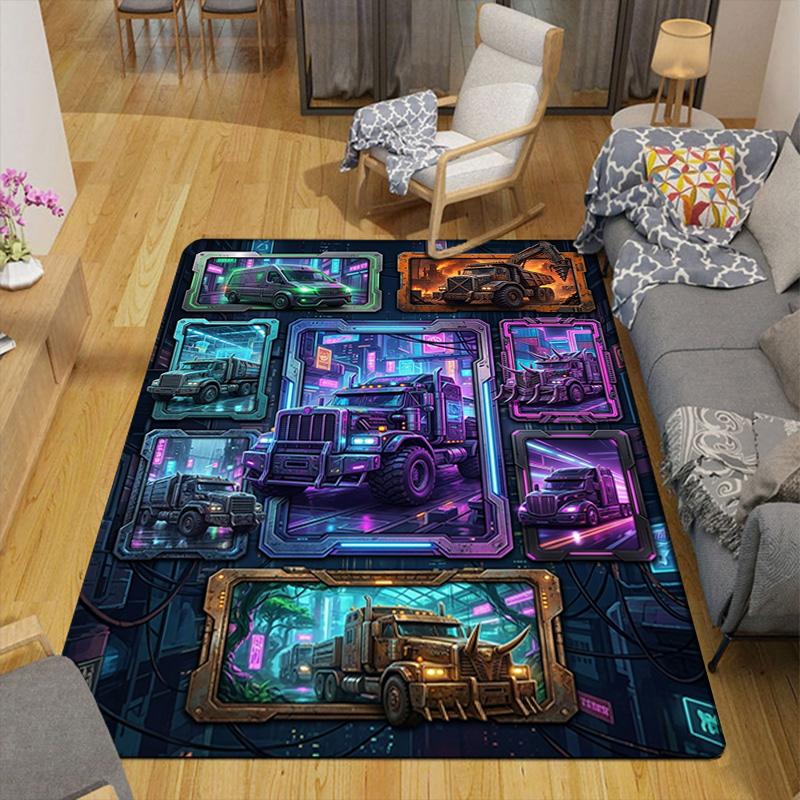 Cyberpunk Truck Gallery Pattern Rug Floor Mat for Living Room or Bedroom Soft and Comfortable Carpet a Gift for Birthday and Holiday.