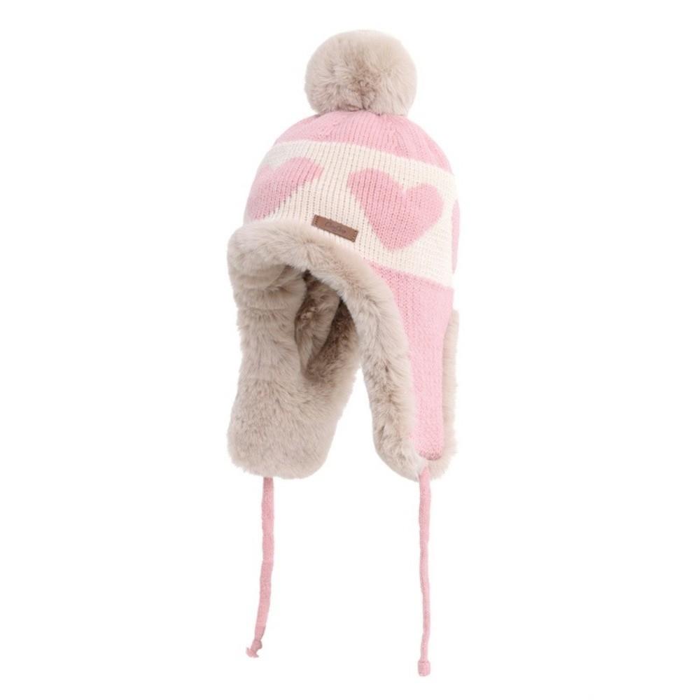 Polyester Trapper Hat Pom Pom Thick Warm Lining Winter Hat Heart Pattern Ear Flap Hat For Women