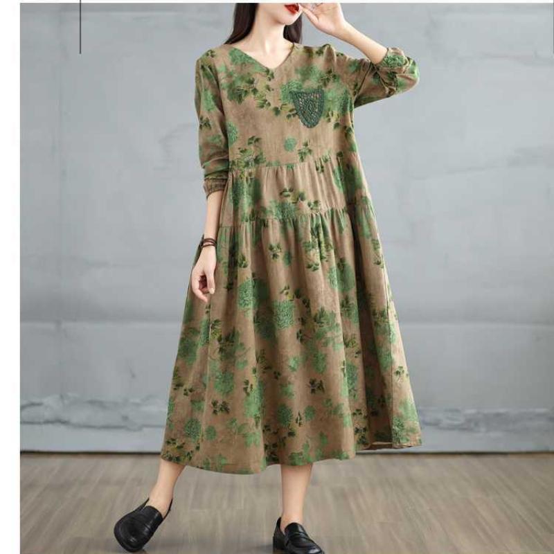 Autumn Small V-neck Lace Pocket Long-sleeved Dress A-line Dress