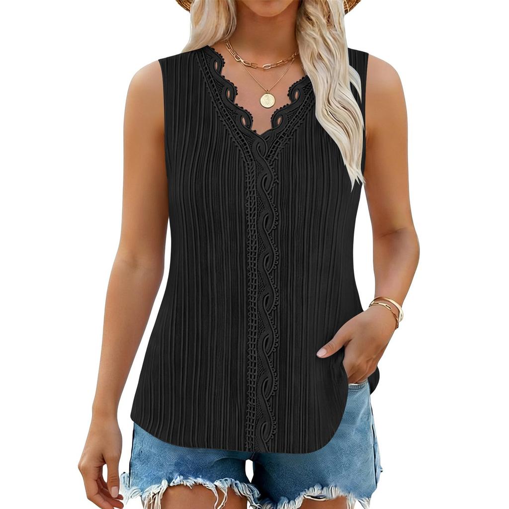 Women Loose V Neck Sleeveless Going Out Casual  Lace Trim Tank Tops