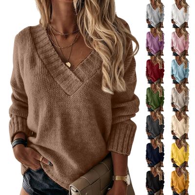 Women's Solid Color Sweater Women's V-neck Long Sleeved Pullover Sweater Top