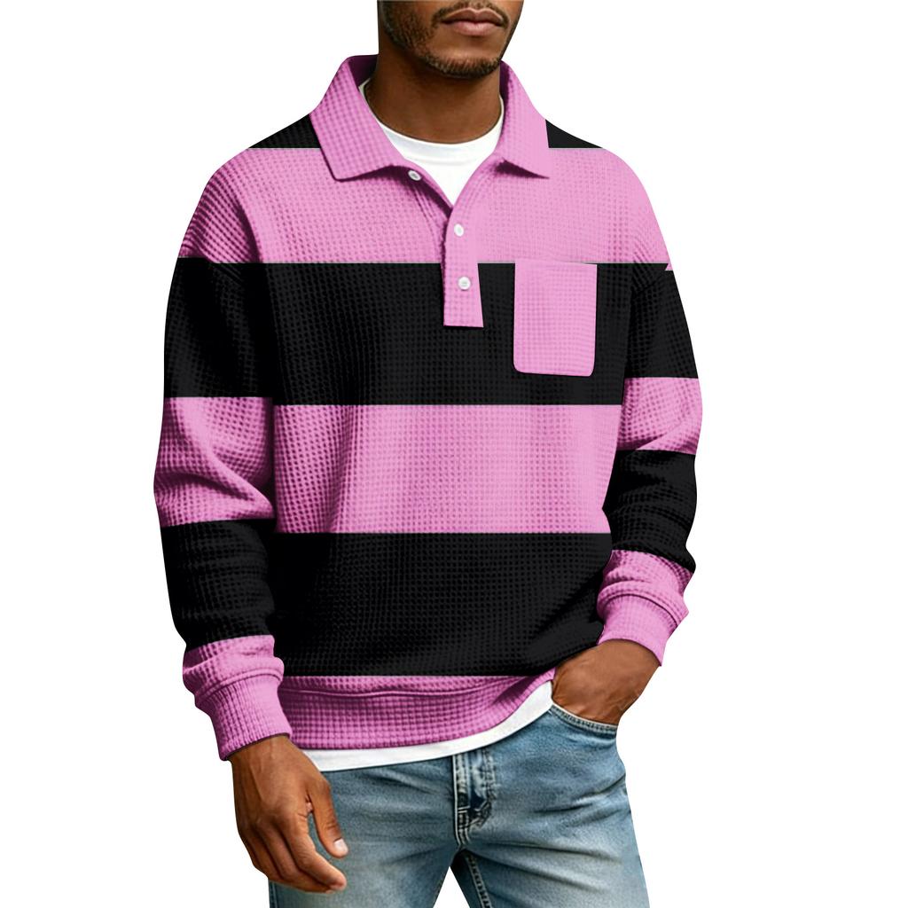 Herren Gestreiftes Einreihiges Langarmhemd Mit Kragen Und Taschen Lässiges Sport-T-Shirt