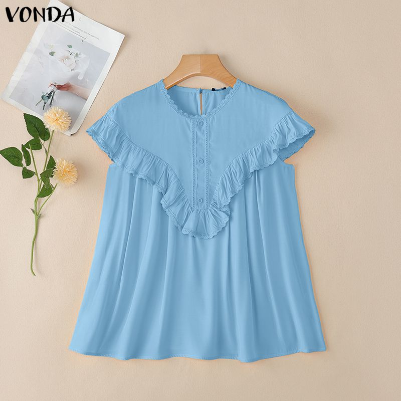 

VONDA Women Ruffled Short Sleeve Lace Crochet Hem Casual Blouse 5XL синий