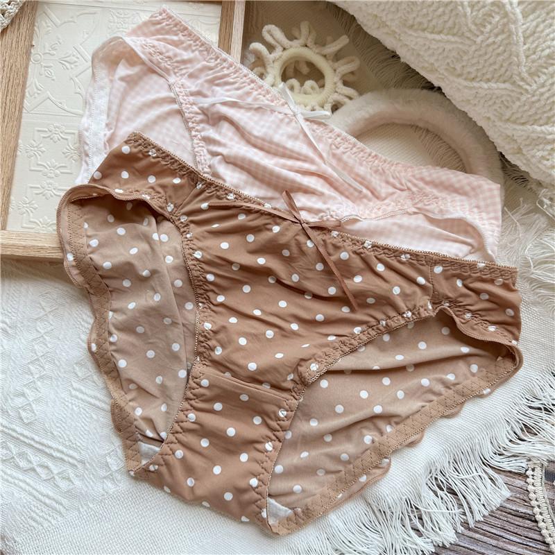 Women Cute Cartoon Ice Silk Screen Flower Sweet Plaid Polka Dots Flanged Low-rise Women's Panties