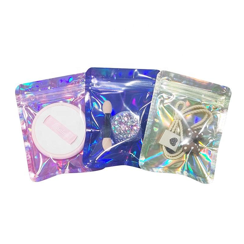 100 PCS Holographic Gift Aluminum Foil Zip  Bag  Food Storage Pouch One Side Clear Customized Cookie Bags Small Ziplock Pouch