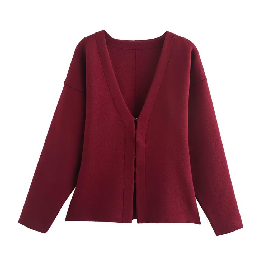 

2024 Autumn/Winter Women s V-Neck Slim Knit Cardigan Medium вино красного