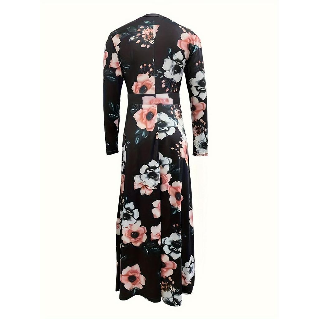Women's Bohemian High Waist Printed Long Sleeve Maxi Dress, Elegant Flowy Casual Dress for Women, European & American Style Slimming Waist Dress