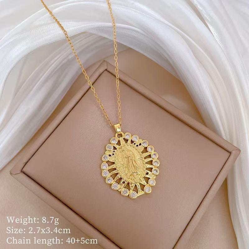 Gold Plated Maria Necklace Cubic Zircon Heart Choker For Women Mary Titanium Steel Chain Religious Jewelry