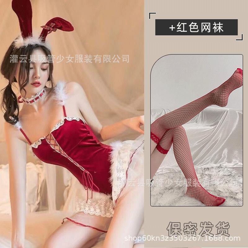 Sexy lingerie sex cos bunny lace red maid straps christmas