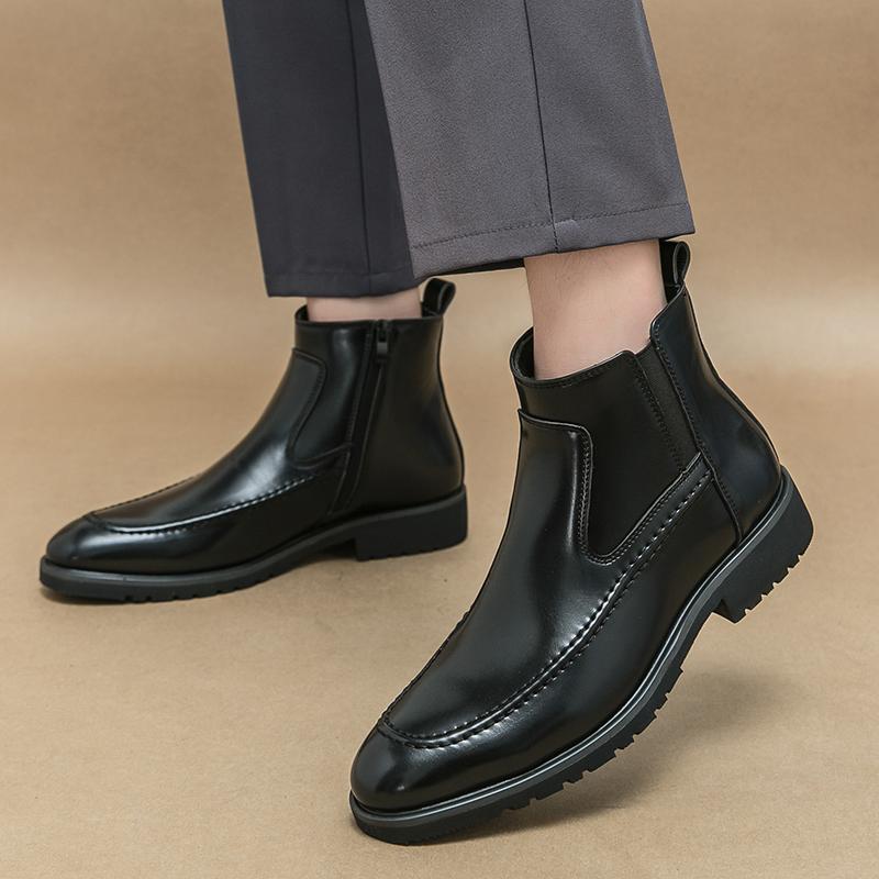 Mode Herren Klassische Retro Business Leder Chelsea Stiefeletten Herrenmode Lässig Britischer Stil Kurzer Stiefel Dickbesohlt High-Top Schuhe