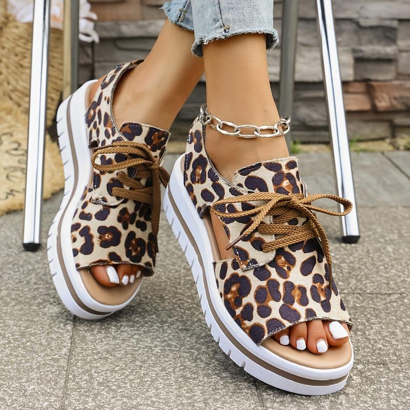 Women'S Solid Color Trendy Sandals, Leopard Print Lace-Up Fashionable Walking Shoes, Summer Casual Beach Vacation Platform Shoes.