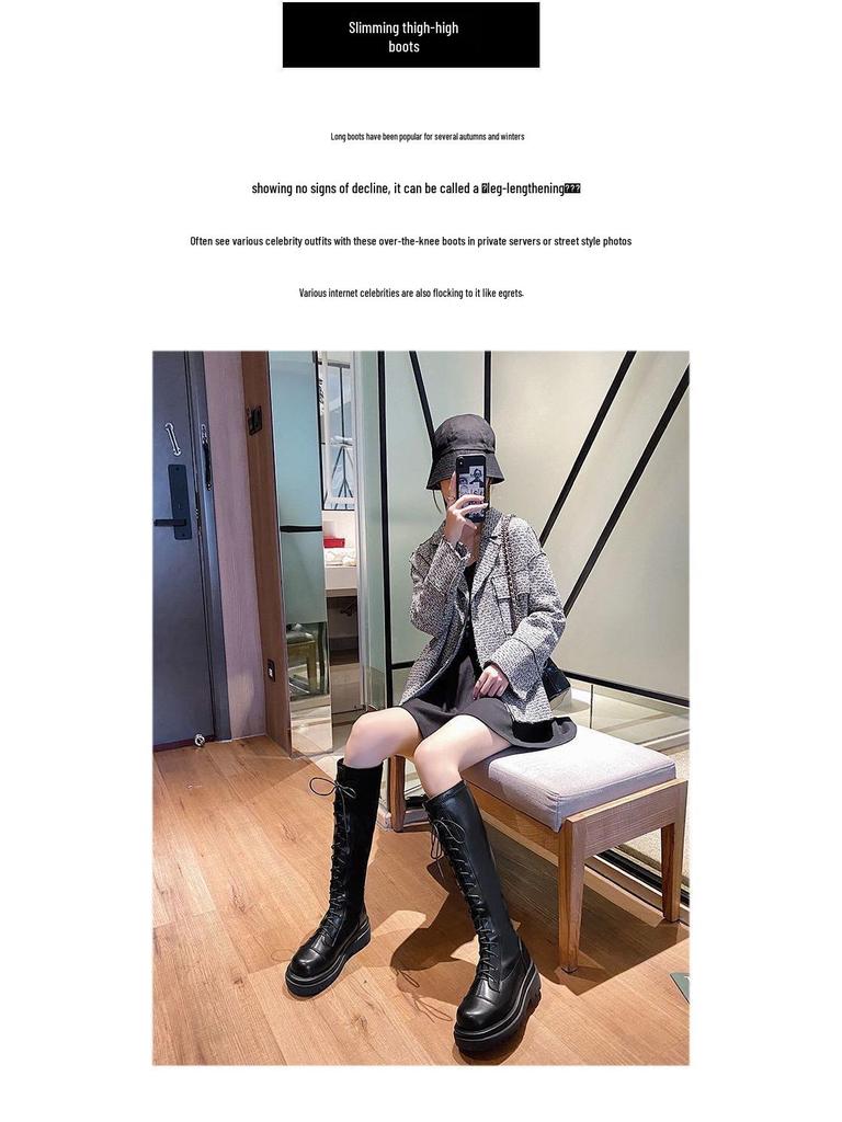 Women's Black Leather Thigh-High Lace-Up Platform Boots - Over-the-Knee, Height-Enhancing, Riding Martin Style