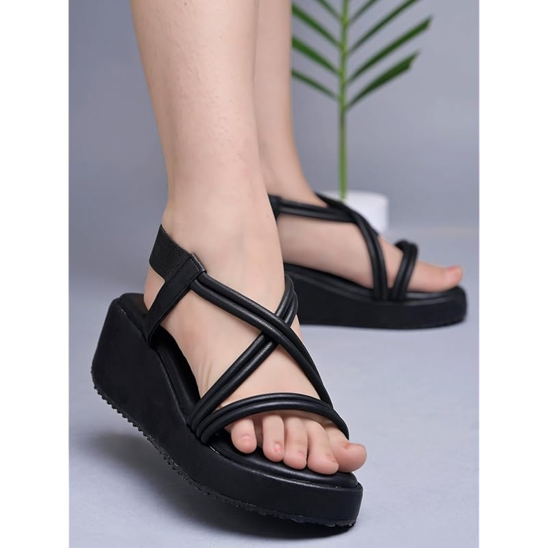 Shoetopia WomenS & Girls Black Wedges Sandal Solid Criss-Cross Strap Design Stylish, Comfortable, Durable Heels Perfe