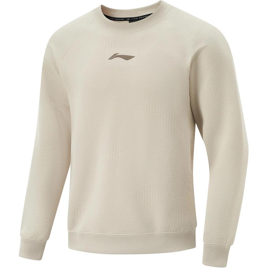 Li Ning Basketball Series Solid Color Logo Round Neck Comfortable Breathable Versatile Casual Sweatshirt Men Sweatshirt Oatmeal-Gray AWDU523-3