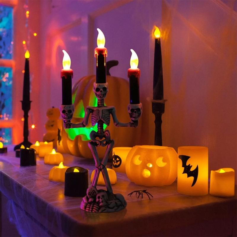 Skull Candelabra Halloween Decoration Skeleton Candlestick with Flameless Candle LED Light for Mantels Tabletop Porch