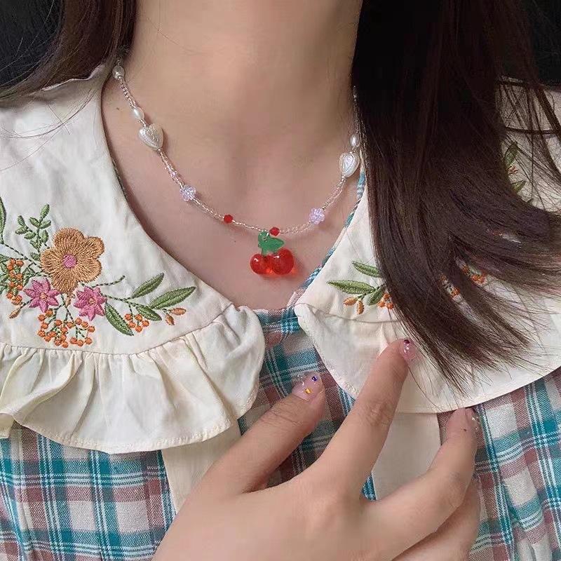 Cherry Necklace Pearl Love Beaded Summer Versatile Simple Necklace Clavicle Chain Love New Trendy Jewelry Accessories