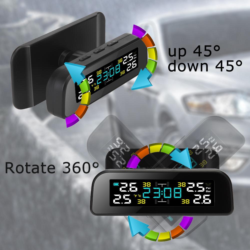Solar Tire Pressure Monitor System Automobile Tire Pressure Alarm Clock Tire Pressure Detector 360 ° Rotatable Tire Pressure Monitoring Tyre Pressure