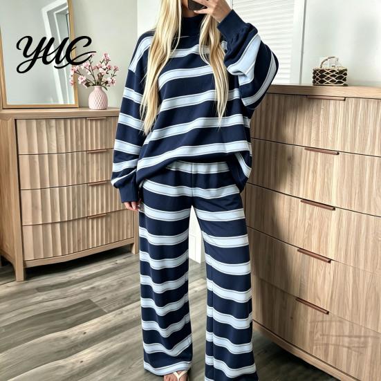 Comfy Sleepwear Sets 2Pcs/Set Women Casual Tracksuit, Mock Neck Long Sleeve Tops, Wide Hoodie Track Pants Leg Sweatpants, Striped Print Outfit