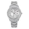 Mens Fashion Quartz Wrist Watch Dual Calendar Pink Dial Rhinestone Accents Luminous 30M Waterproof Stainless Steel Band
