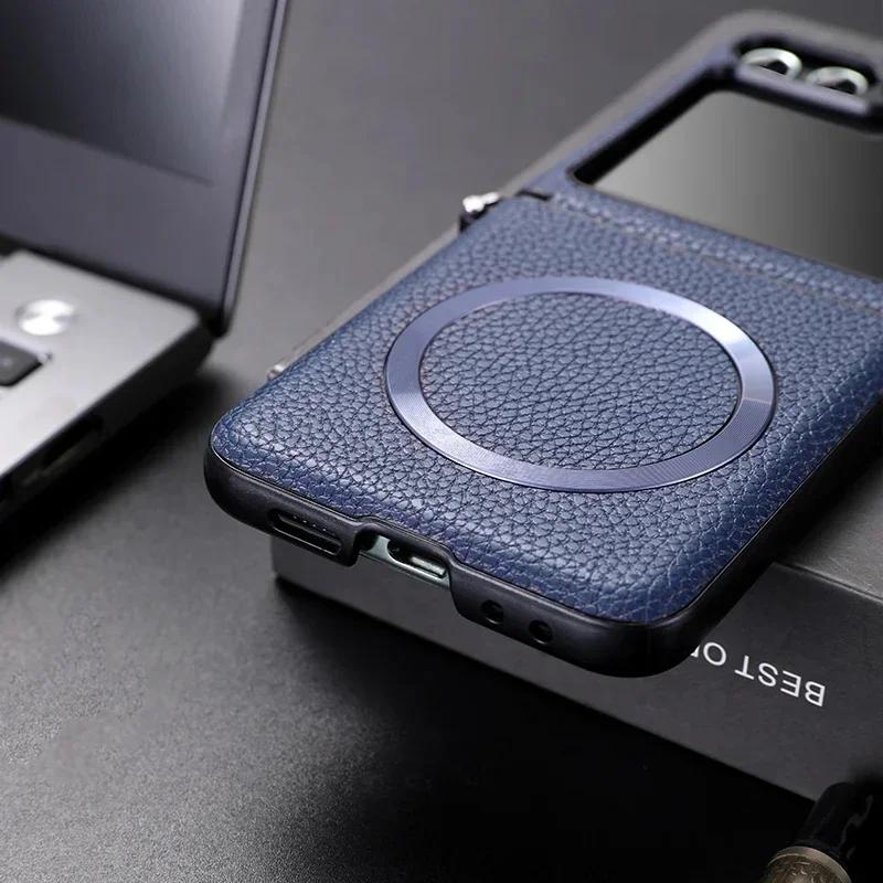 Luxury Litchi PU Leather Magsafe Wireless Charge Case for Galaxy ZFlip 7 6 Flip 3 4 5 ZFlip4 Zflip5 Magnetic Shockproof Cover