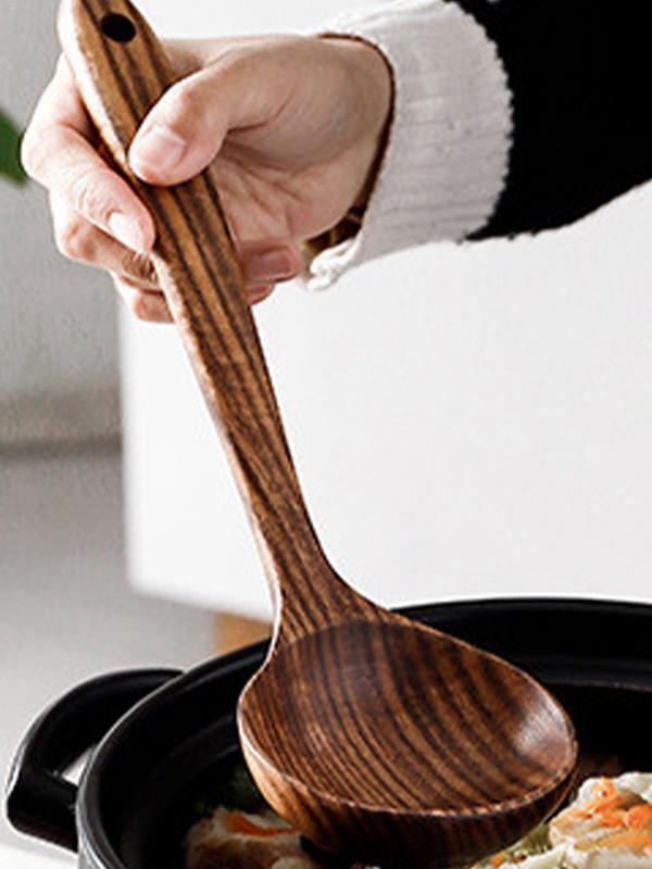 Wood Cooking Utensils Set of 4 Safe Natural Wood Cooking Spoons Kitchen Cookware Large Soup Spoon Cooking Utensils Spatula