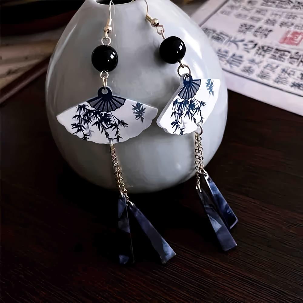 Elegant Vintage Chinese Fan-Shaped Tassel Earrings - Chic Dangle Design For Women Perfect For Weddings Valentine'S Day & Christmas Jewelry