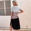 New summer dress slim fit short sleeve patchwork leopard print slit t-shirt dress