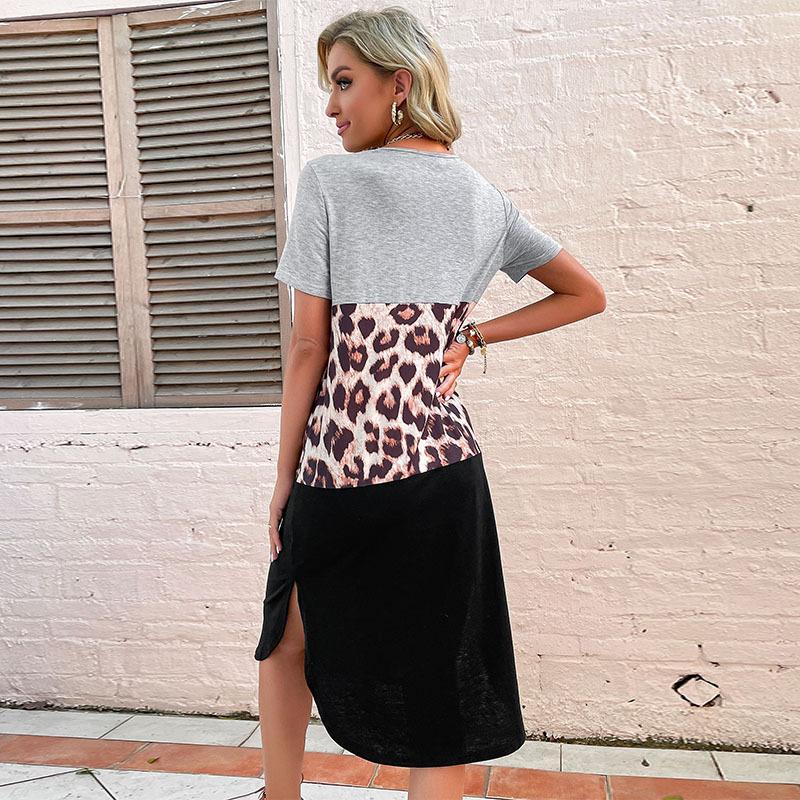 New summer dress slim fit short sleeve patchwork leopard print slit t-shirt dress