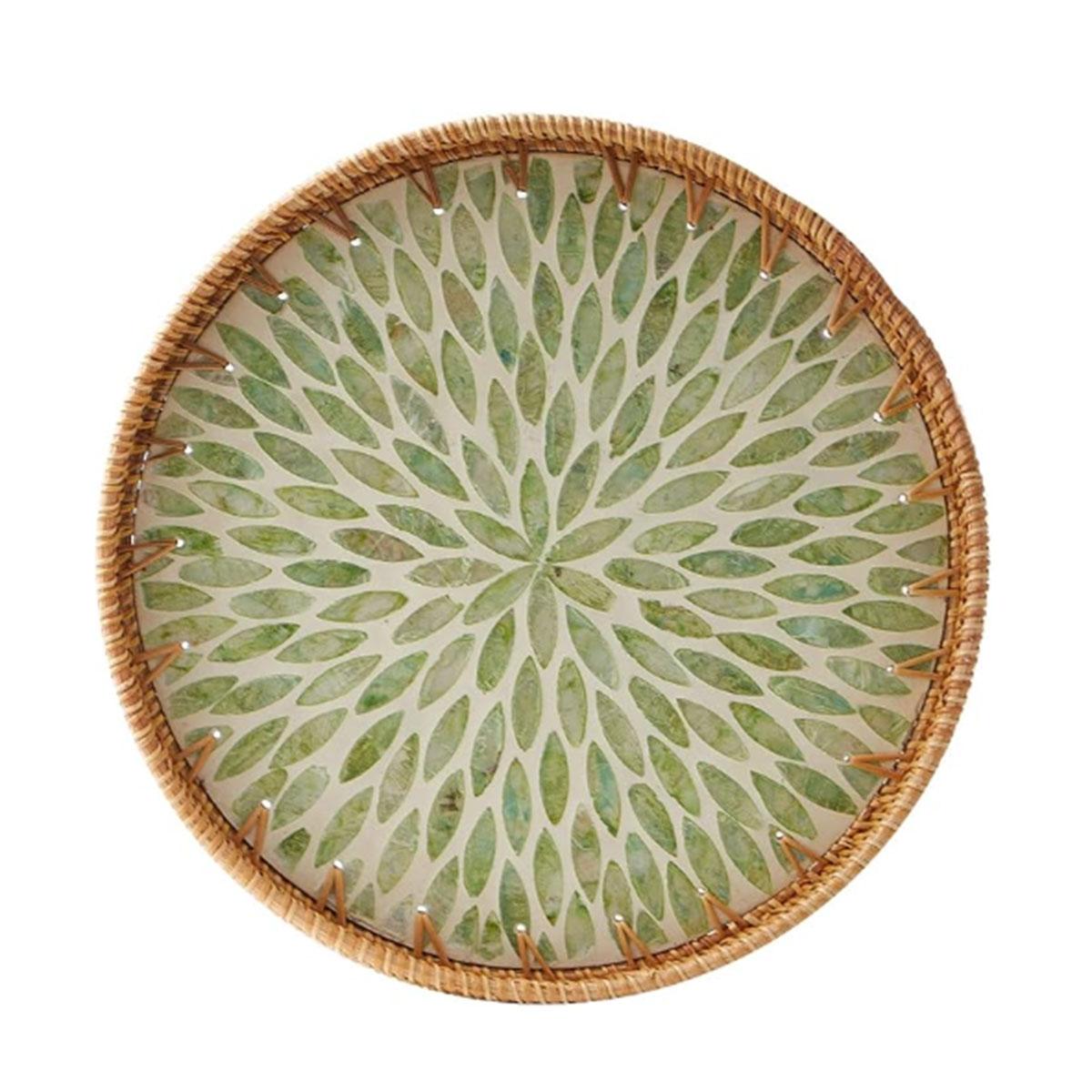 

Round Rattan Tray Rattan Tray Green Small Leaves Wooden Base Decorative Wicker Basket For Table Decoration Fruit Tray
