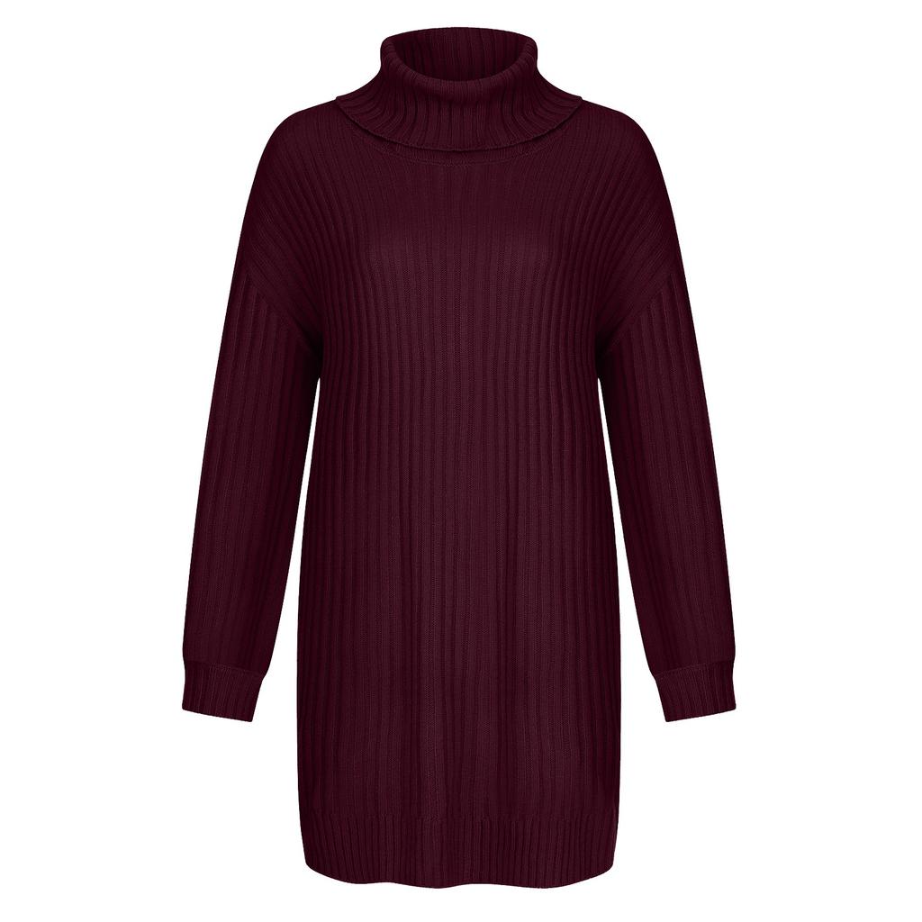 Dames genser med høy hals, middels lengde, løs pullover, lange ermer, farge, strikket underdel