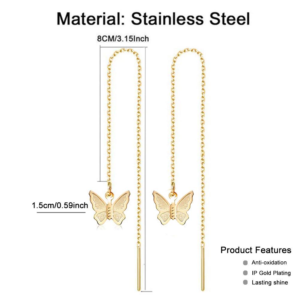 Koreanische Damen-Gewinde-Hängeohrringe Goldfarbe Edelstahl Schmetterlings-Anhänger Lange Kette Fädler-Ohrringe Für Damen Schmuck