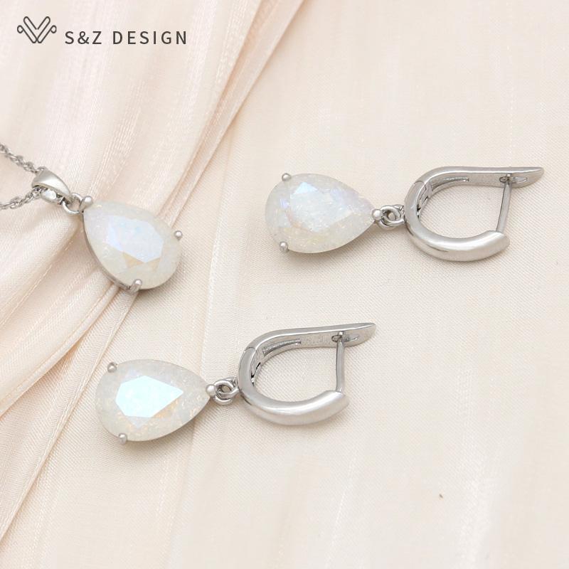 Moda kropla wody kryształowe zestawy biżuterii kolczyki w kolorze różowego złota dla kobiet modny wisiorek naszyjnik prezent