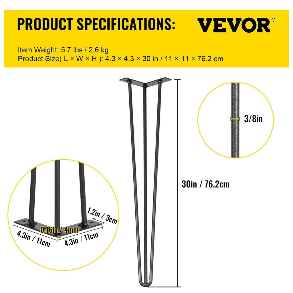 Hairpin Table Legs 30 Inch Black Set of 4 Desk Legs Each 220lbs Capacity Hairpin Desk Legs 3 Rods for Bench Desk Dining End Table Chairs Carbon Steel