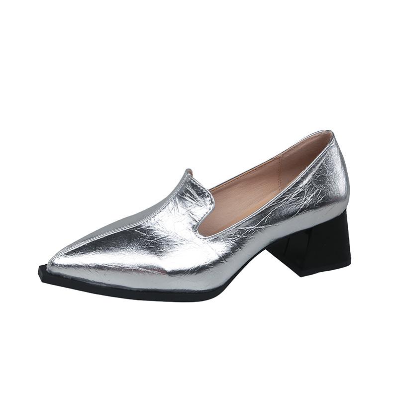 

Модная весенняя новинка, туфли на толстом каблуке, женская мода, острый носок, глубокий вырез, противоскользящие, износостойкие, низкий верх, высокие каблуки 40 серебряный