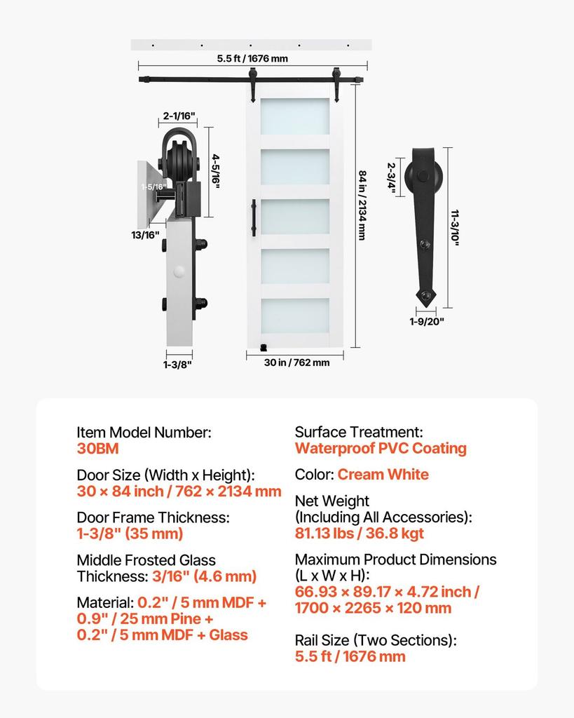 Sliding Barn Door, 762 X 2134mm, High-Strength MDF Panel and Glass, Barn Door with Hardware Kit, Water-Proof PVC Surface, Easy To Install, H-Frame,