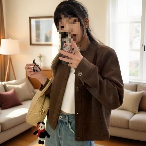 Women's Khaki Suede Short Jacket - 2025 Spring/Autumn Korean Loose Retro Petite Style
