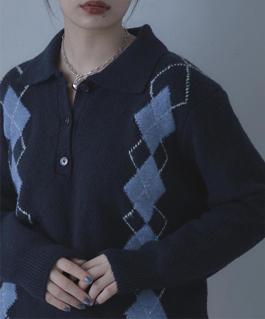 miette Collared Argyle Knit REW18109 Free Size Navy Women's