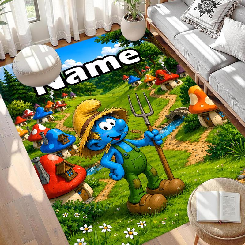 Custom Name Personalized Blue Smurfs Print Carpet, Versatile Home Decor Rug, for Playroom, Apartment, Balcony, Entryway, Hallway Gift