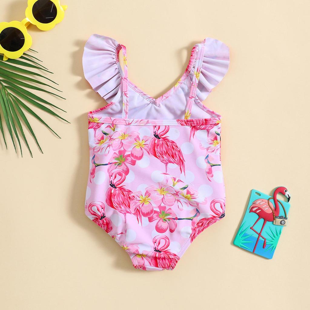 Flamingo Print V-Neck Spaghetti Strap One-Piece Swimsuit for Girls