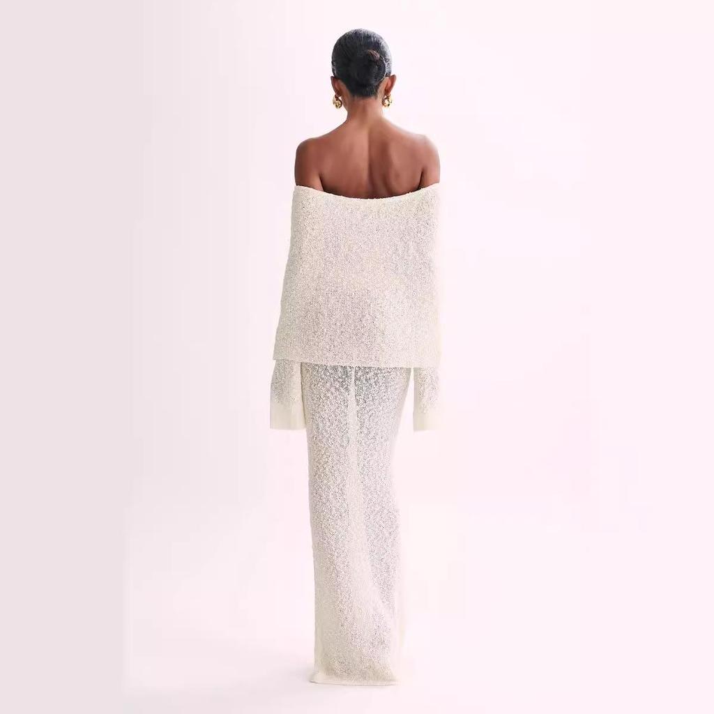 European & American Beach Cross-border One-shoulder Knitted Hollow-out Sexy Long Dress Cover-up